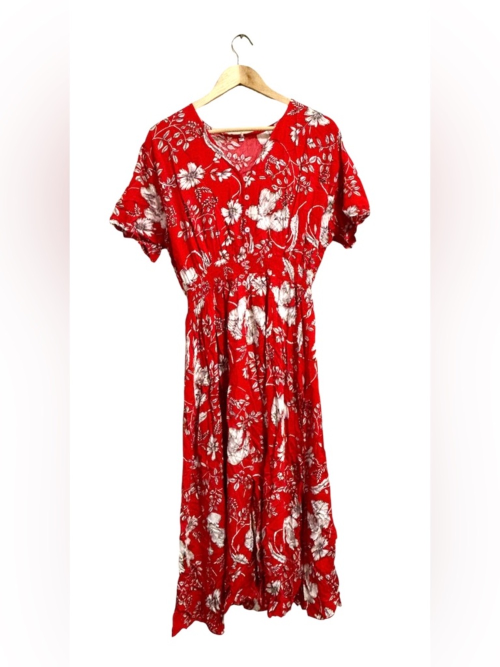 Red Floral V-Neck Maxi Dress with Empire Waist and Buttons, Size XXL